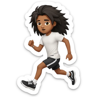 generate a pretty bratz brown skinned boy with black messy long hair wearing a white tshirt and black running shorts. running on the street with white sneakers sticker