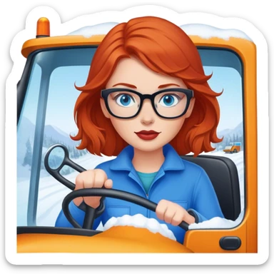 Red headed lady with glasses and blue eyes driving snowplow truck sticker