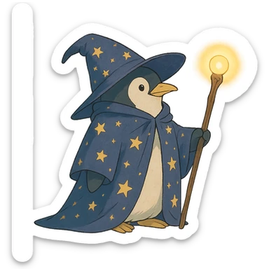 ghibli style penguin wizard with a starry cloak and glowing staff sticker