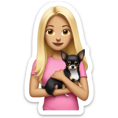 Blonde girl in a pink shirt holding a black long haired chihuahua  sticker