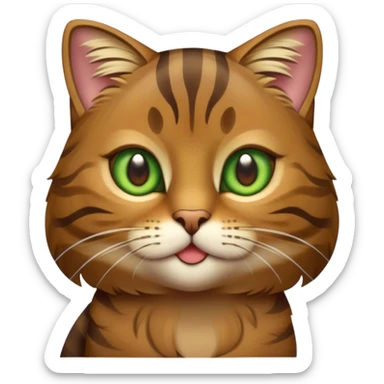 Cinematic Cute Brown Tabby Cat Portrait Emoji, Head tilted playfully and inquisitively, soft brown fur with rich dark tabby stripes and a distinctive M-shaped marking on the forehead, wide, sparkling golden-green eyes filled with curiosity, Simplified yet irresistibly adorable features, highly detailed, glowing with a warm, friendly glow, high shine, affectionate and lively, stylized with a touch of whimsy, bright and endearing, soft glowing outline, capturing the essence of a mischievous yet loving kitten, so playful it feels like it could pounce out of the screen and into your arms! sticker