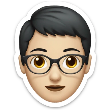 Pale woman with blue eyes with short black hair and glasses sticker