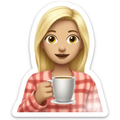 Blonde girl in pajamas and with coffee sticker