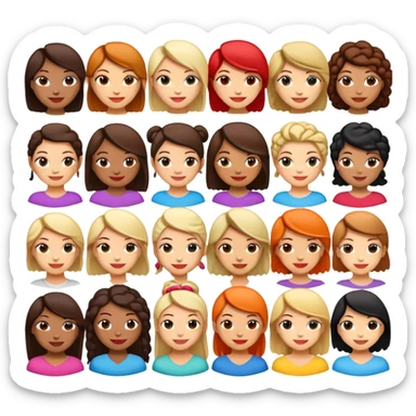 Design a set of emoji-style characters representing diverse women from around the world. Include different skin tones, hairstyles, clothing styles, and cultural backgrounds. Each woman should be smiling or expressing a positive emotion. The emojis should be simple, colorful, and suitable for digital use, with a friendly and inclusive look.” sticker
