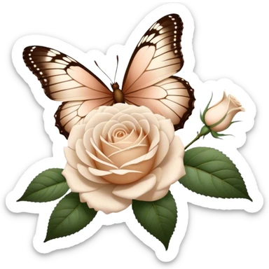 white Ascott tea rose next to a beige aesthetic vintage style leaf and a brown beautiful butterfly sticker