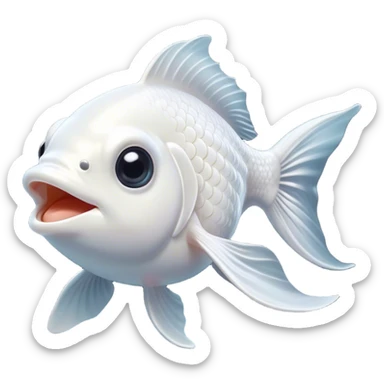 Cinematic Comical White Goldfish Portrait Emoji, Head tilted dramatically with an exaggeratedly amused expression, featuring a striking, glossy pure white body with elegantly fluttering fins, wide, expressive pale eyes filled with playful disbelief, Simplified yet hilariously expressive features, highly detailed, glowing with a slightly sassy glow, high shine, dramatic yet playful, stylized with an air of cheeky mischief, bright and endearing, soft glowing outline, capturing the essence of a spirited and over-the-top goldfish, so meme-worthy it feels like it could side-eye its way into internet fame instantly! sticker