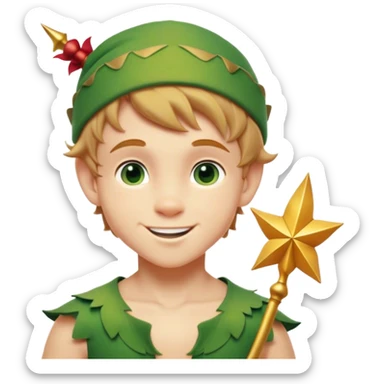 Cinematic Realistic Peter Pan Portrait, head tilted playfully and inquisitively, capturing his mischievous smile and twinkling eyes. The intricacies of his whimsical attire and the soft interplay of natural light bring to life his adventurous energy and childlike charm with a hint of daring strength. sticker