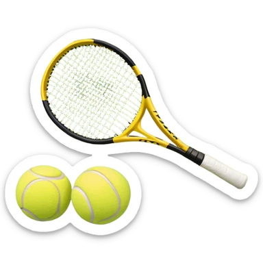 A tennis racket and a ball placed on the ground, with a tennis court in the background. The court lines and net are visible, emphasizing the structure and focus of the sport, creating a dynamic and energetic vibe. sticker