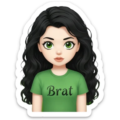 current charli xcx with here long black wavy hair, thich black sungrasses, pale skin, and a green baby tee that said brat in the brat font. sticker