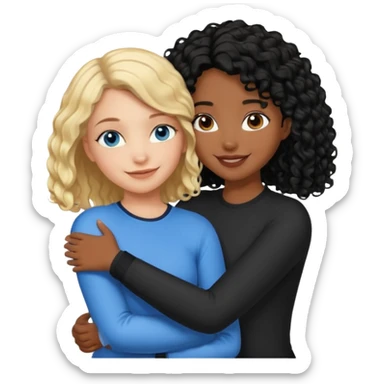 Girl best friends, one white with blond bob and blue eyes, one shorter black girl with long black curly hair, hugging sticker