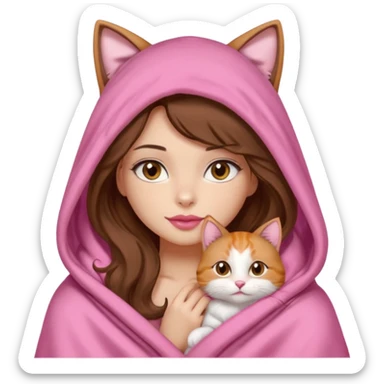 girl with long wavy brown hair, brown eyes, long lashes makeup, sexy pink lips, light to medium complexion, wearing a pink sexy silk top, big blanket over the head cozy holding a cat, no cat ears on the hood sticker