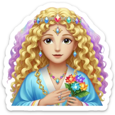 a being made of light pleidian nordic long faces and curly blond hair but beautiful features of light wearing jewels and a rainbow halo like a saint arount herwith a robe on made of light and diamonds semi transparent belly dancer and who is lanky holding a bouquet of crystal flowers on rainbow fire sticker