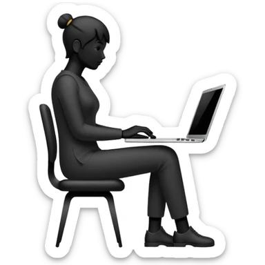 Minimalistic flat vector icon, iOS style, thin black contour on white background. Person silhouette sitting with a laptop, code brackets <> on the screen. Clean, no te sticker