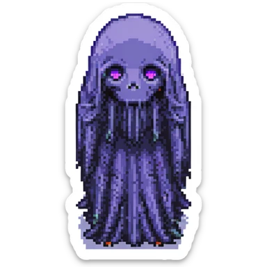 an unknown black tall ghost with hair covering its shiny purple eyes, pixel art style sticker