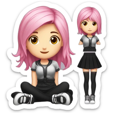 Full body Front view curvy emo girl pink hair sits on the floor straight view hands up black skirt белые трусики рваные полосатые чулки sticker