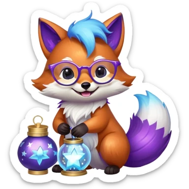 A small magical fox with shimmering purple and blue fur, a glowing fluffy tail, a silver star on its forehead, and round glasses, holding a tiny magical lantern, rolling on the floor and laughing uncontrollably. 🦊🤣 sticker