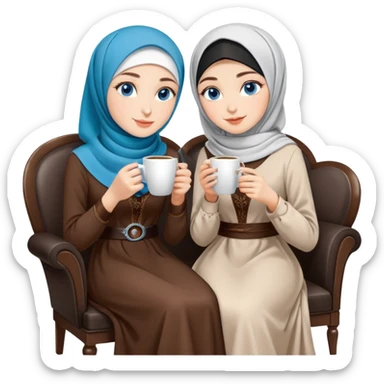 Turkish beautiful finish Konya girls blue eyes with Coffee design Beauty hijab long tail dress and the two friends sits on the chair on the ground and holds cup coffe with her hand  sticker