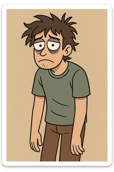 a person with messy hair and wide, sleepless eyes, casual clothes, showing exhaustion, illustrated sticker