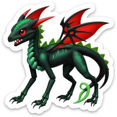 Obsidian-black and neon-glowing-green skeletal Meloetta-Salandit-Nargacuga-Zygarde-Pokémon-Fakémon-creature-fusion-hybrid with glowing crimson-red evil slit eyes sticker