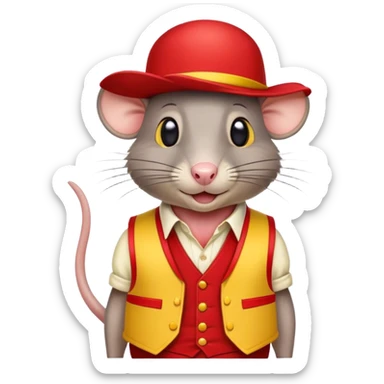 Cartoon rat with red and yellow derby hat with yellow sleeve-less shirt underneath a red vest sticker