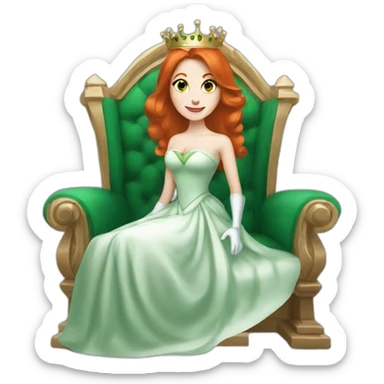 white skin redhead queen with straight hair wearing white gloves on her throne, wearing a green dress sticker