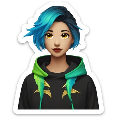 Lady with brunette and iridescent blue hair, gold, lime green dragon wings, black hoodie, bleach dyed, black and gold Nike t shirt, and bright red eyes sticker