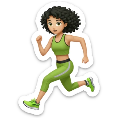 a woman with olive skin tone and curly black hair wearing green and running fast sticker