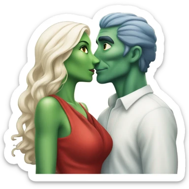 Beatiful tall green skin female reptilian in red dress, kissing white man in blue dress, full figure, full body sticker