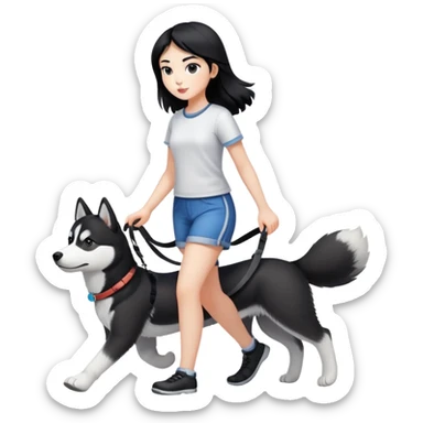 A black-haired girl walks a black and white husky sticker