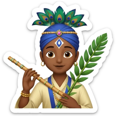 Lord Sri Krishna carrying only one peacock feather on his head with cute face and play flute with happy face sticker