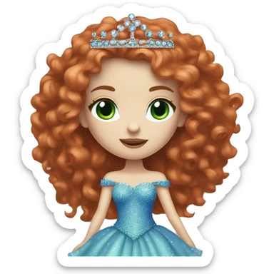  Red long hair curly girl, pale skin, white foundation, purple eyeshadow, with green eyes and a blue bedazzled dress with a small tiara on her head, with mascara on her eyes blue dress pale skin sticker