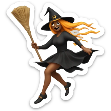 halloween goddess witch sprinting, with a large stride and arms outstretched, broom sticker