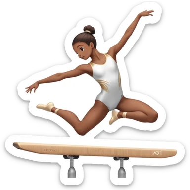 An acrobat performing a dynamic move on the balance beam, rings, or parallel bars, showcasing strength and precision. The acrobat is in mid-action, gracefully balanced, with a focused expression. The background features a professional gymnastics gym with bright lights and a cheering crowd sticker