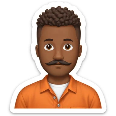 
"Brown adult man (around 24), curly mohawk with shaved sides, beard and mustache. Wearing an orange collarless round-neck button-up shirt. No teenage or old features."

 sticker