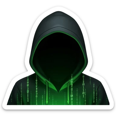 Binary system and "hacker" look, no face, black hoodie, green aura, detailed hoodie sticker