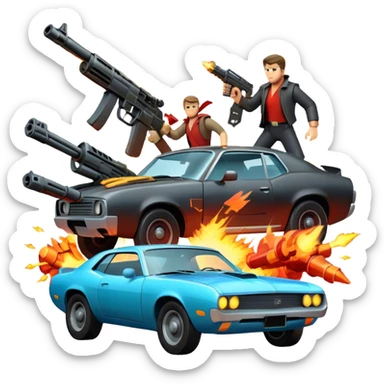 Icon for Action Movies: Close-up collage with dynamic explosions, guns, cars and heroic figures. Include iconic weapons, dramatic lighting and high-energy scenes that capture the essence of action films. Vibrant colors and intense motion. Transparent background. sticker