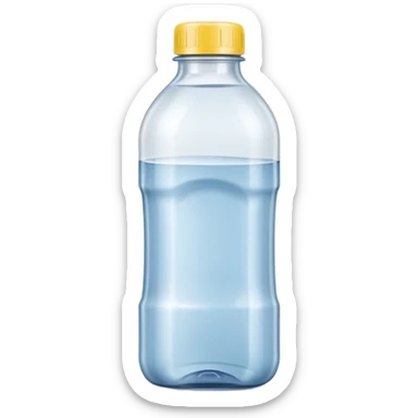transparent plastic bottle with a curved neck and screw cap, filled with clear liquid, neutral slightly utilitarian shape, multipurpose household use, no label, no measuring cap, no extras, soft lighting, subtle shadows, emoji scale sticker