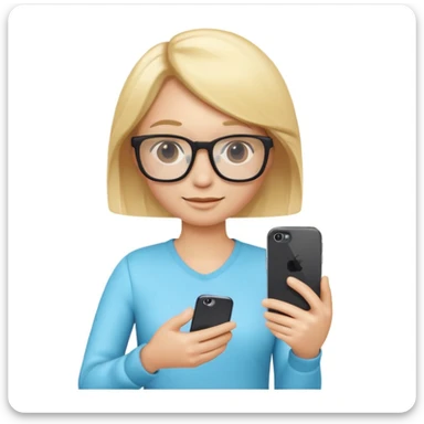 3D emoji character in Apple iPhone style, blond hair, wearing stylish glasses, no tattoo, holding an iPhone in one hand, cute and friendly expression, smooth and shiny skin, minimalistic design, high quality, vibrant colors, realistic lighting, isolated on white background sticker