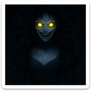 Make the beautiful scary girl even scarier with extreme supernatural horror features, more disturbing and haunting, while keeping her gothic beauty. Enhance the supernatural and horror elements to create a deeply unsettling and haunting atmosphere. sticker