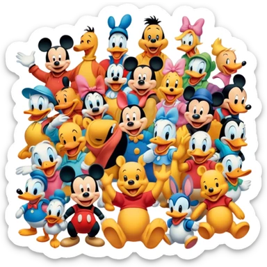 A colorful, playful close-up collage of classic cartoon characters like Goofy, Mickey Mouse, Donald Duck, Winnie-the-Pooh, and others. Bright, vibrant colors with cheerful expressions. Whimsical and nostalgic style. Transparent background. sticker