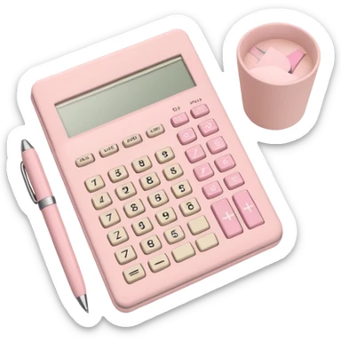 Soft pastel flatlay with pastel pink calculator, beige pen, and study notes  sticker