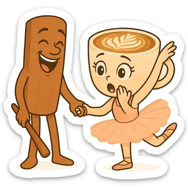 Keep the same quality and chibi stickers style. Edit the characters to have different expressions: make the coffee cup character surprised and the cinnamon stick character laughing. sticker