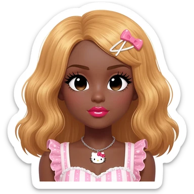 heart shaped lips, cute glossy lips, doll eyes with long lashes, dark brown skin, honey blonde hair, big chest, hello kitty necklace, one bow clip, bimbocore outfit sticker