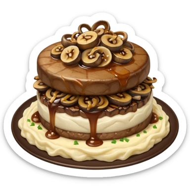 Filet mignon, mashed potatoes and gravy , in grilled chopped onions and grilled mushrooms, topped with crispy onions  sticker