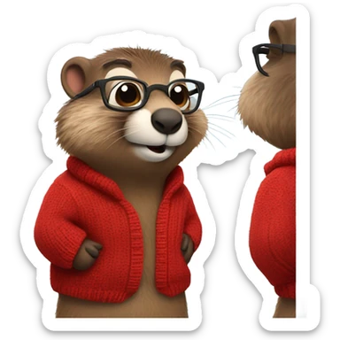 cute groundhog in a fully red sweater and glasses full body shown sticker