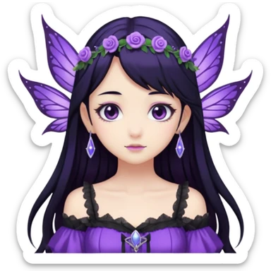 Gothic anime fairy with long beautiful black hair and purple dress, pastelcore, sticker