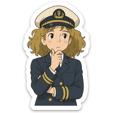 ghibli style girl with curly dirty blonde hair, cruise captain outfit, thoughtful questioning pose sticker