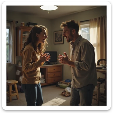 Two people arguing animatedly inside a messy home, angry and frustrated expressions, hyperrealistic details, 4K resolution sticker