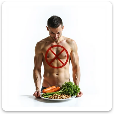 realistic man with untoned physique and slumped posture, plate with only vegetables and a prohibition symbol over olive oil and nuts, atmosphere of deficiency, Italian caption: 'Dieta povera di grassi: salute compromessa', isolated on white background sticker
