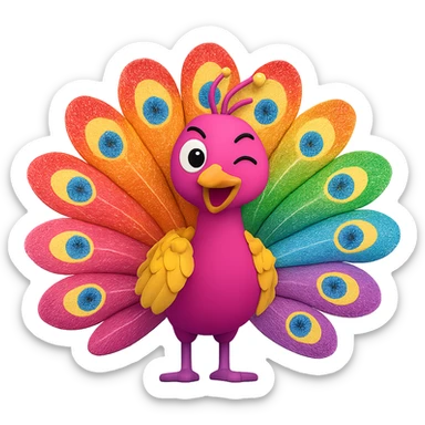 Make the proud peacock funny and flamboyantly gay, featuring rainbow feathers, glitter, and a cheeky wink, in the style of 3D emoji with no background. sticker